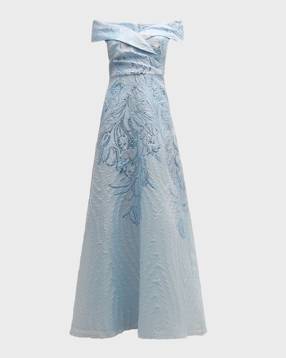 Off-Shoulder Metallic Floral Jacquard Gown